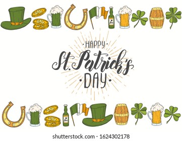 St Patrick's day background with Hand drawn  St. Patrick's hat, horseshoe, beer, barrel, irish flag, four-leaf clover and gold coins. Lettering. Engraving illustrations