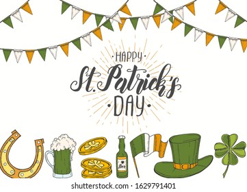 St Patrick's day background with Hand drawn  St. Patrick's hat, horseshoe, beer, barrel, irish flag, four-leaf clover and gold coins. Lettering. Engraving illustrations