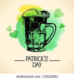 St. Patrick's Day background with hand drawn sketch and watercolor illustrations 