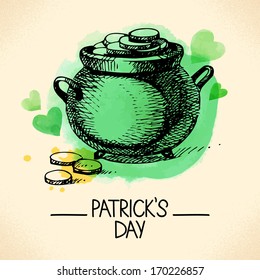 St. Patrick's Day background with hand drawn sketch and watercolor illustrations 