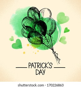 St. Patrick's Day background with hand drawn sketch and watercolor illustrations 