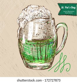 St. Patrick's Day background with hand drawn sketch illustration and bubble banner,  vector illustration hand drawn with textured background