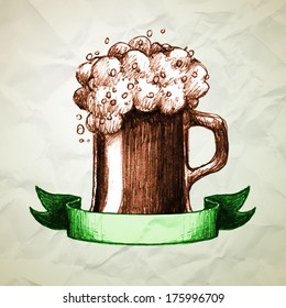 St. Patrick's Day background with hand drawn sketch beer and ribbon. Vector illustration. Crumpled paper.