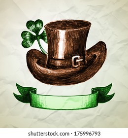 St. Patrick's Day background with hand drawn sketch hat and clover. Vector illustration. Crumpled paper.