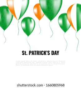 St. Patrick's day background with helium balloons. Festive balloons in the colors of the national flag of Ireland and with the texture of green clover. Banners with space for text on St. Patrick's 