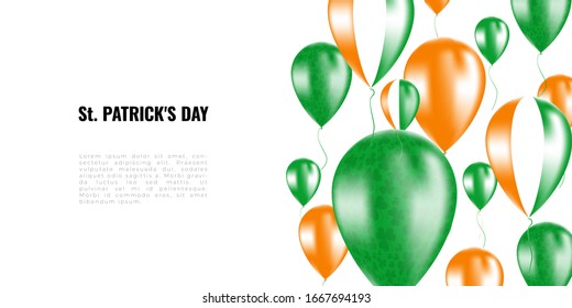 St. Patrick's day background with helium balloons. Festive balloons in the colors of the national flag of Ireland and with the texture of green clover. Banners with space for text and greetings 