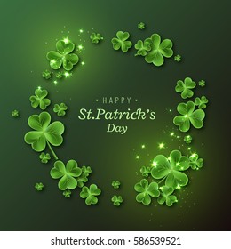 St. Patrick's Day background. Holiday design with leaves and glowing lights. Vector illustration.