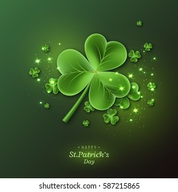 St. Patrick's Day background. Holiday design with leaves and glowing lights. Vector illustration.