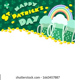 St. Patrick's Day background. Illustration of three pints of green beer and coins on background of rainbow. Blank space for your text included. Vector 8 EPS.