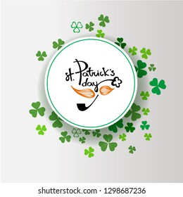 St Patrick's Day background.  Ireland poster design with shamrock. Green clover border and round frame for spring concept isolated on white. Irish doodle logo header for web. Vector illustration