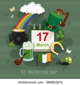 St. Patrick's Day background with Irish flag, horseshoe, pot of gold coins, Leprechaun hat and other traditional symbols. Conceptual illustration of a flat style on the St. Patricks day theme