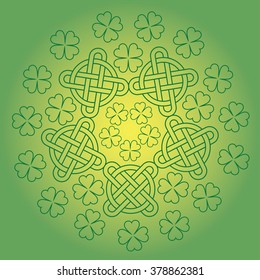 St Patrick`s day background with knot ornament and clover of 4 leafs. Vector illustration