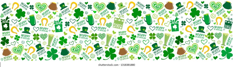 St. Patrick's day background with leaf clover, pint beer, leaf clover, pub decoration, leprechaun hat, pot of gold coins. Horizontal Banner.17 March. Web banner design background for header Templates.