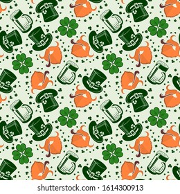 St. Patrick's day background with Leprechaun and Beer mugs. Seamless pattern. Vector illustration.