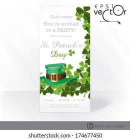 St. Patrick's Day Background With Leprechaun Hat And Clover. Party Invitation Card Design, Template. Vector Illustration. Eps 10.