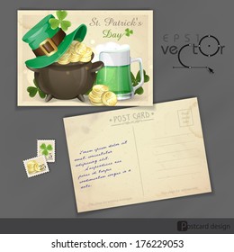 St. Patrick's Day Background With Leprechaun Hat, Clover, Pot Of Gold And Green Beer. Old Postcard Design, Template. Vector Illustration. Eps 10.