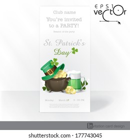 St. Patrick's Day Background With Leprechaun Hat, Clover, Pot Of Gold And Green Beer. Party Invitation Card Design, Template. Vector Illustration. Eps 10.