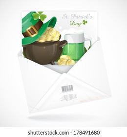 St. Patrick's Day Background With Leprechaun Hat, Clover, Pot Of Gold And Green Beer. Postal Envelopes With Greeting Card. Vector Illustration. Eps 10.