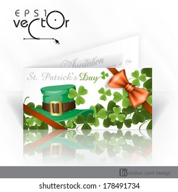 St. Patrick's Day Background With Leprechaun Hat And Clover. Invitation Card Design, Template. Vector Illustration. Eps 10.