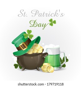 St. Patrick's Day Background With Leprechaun Hat, Clover, Pot Of Gold And Green Beer. Vector Illustration. Eps 10.