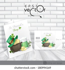 St. Patrick's Day Background With Leprechaun Hat, Clover, Pot Of Gold And Green Beer. Greeting Card Design, Template. Vector Illustration. Eps 10.
