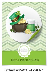 St. Patrick's Day Background With Leprechaun Hat, Clover, Pot Of Gold And Green Beer. Greeting Card Design, Template. Vector Illustration. Eps 10.