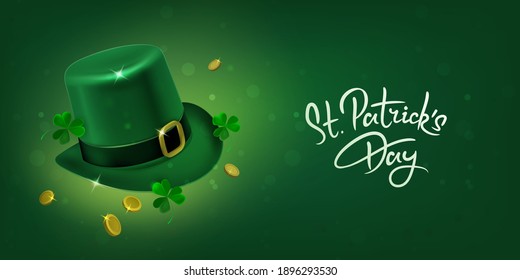 St. patrick's day background with leprechaun hat, clover leaves and golden coins