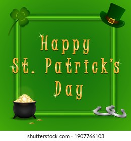 St. Patrick's Day background with leprechaun hat, full pot of golden coins and shamrock leaves. Template for Saint Patrick's Day greeting card. Vector illustration.