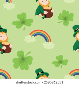 St patricks day background. Leprechaun with rainbow and clover vector illustration. Lucky Concept.