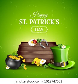 St. Patrick's Day background with Leprechaun`s hat, pot of gold, cloverleafs and balloons in the colors of Ireland. Empty wooden sign for your text, company logo etc.