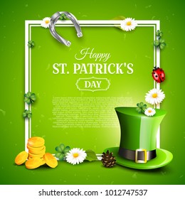 St. Patrick's Day background with Leprechaun`s hat, pot of gold, cloverleafs and balloons in the colors of Ireland. Space for text