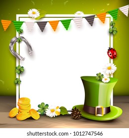 St. Patrick's Day background with Leprechaun`s hat, gold and garland in the colors of Ireland. Space for text