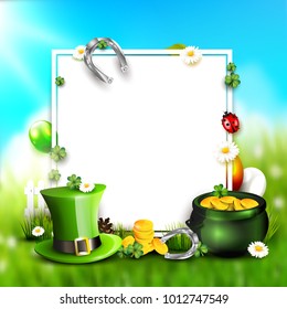 St. Patrick's Day background with Leprechaun`s hat, pot of gold and balloons in the colors of Ireland. Space for text