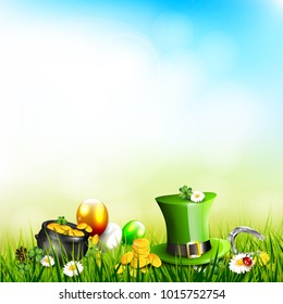 St. Patrick's Day background with Leprechaun`s hat, pot of gold, cloverleafs and balloons in the colors of Ireland in the grass. Space for text.