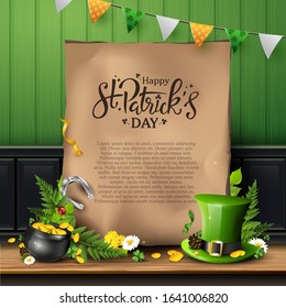 St. Patrick's Day Background With Leprechaun`s Hat, Pot Of Gold, Fern Leaves And Empty Old Paper.
Traditional Irish Pub Style.