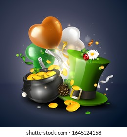 St. Patrick's Day background. Leprechaun`s hat, pot of gold and shamrock shaped balloons in the colors of the Irish flag.
