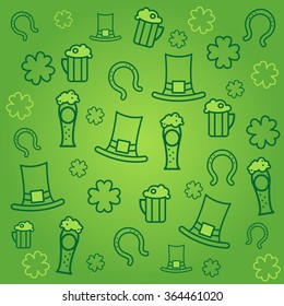 St. Patrick's day background. Line drawing, line icons. Party hat, horseshoe, bear glass, bear mug, shamrock leaves. Vector illustration.