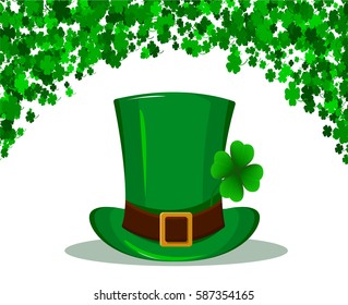 St. Patrick's Day background made of four leaf clover. Patrick hat. Green hat with four leaf clover isolated on white background. Happy St. Patrick's day. Usable as icon, banner, design element. 