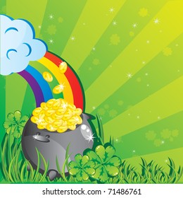 St. Patrick's day background with magic pot full of golden coins