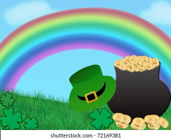 St. Patrick's day background with magic pot full of golden coins and green hat,vector illustration
