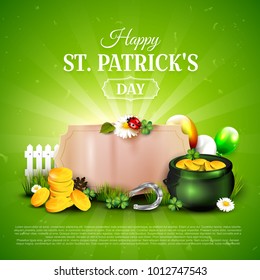 St. Patrick's Day background with pot of gold, cloverleafs and balloons in the colors of Ireland. Empty paper label for your text, company logo etc.