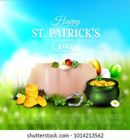 St. Patrick's Day background with pot of gold, cloverleafs and balloons in the colors of Ireland. Empty paper label for your text, company logo etc.