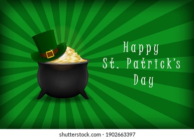 St. Patrick's Day background with pot of gold and leprechaun hat. Template for Saint Patrick's Day design. Vector illustration.