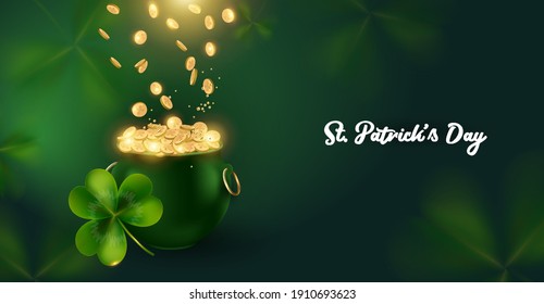 St. Patrick's Day background with pot and riches. The gold coins falling down in the green pot .A horizontal banner with space for text.vector illustration