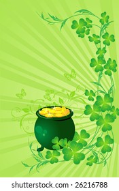 St. patrick's day background with pot of gold and Four Leaf Clover