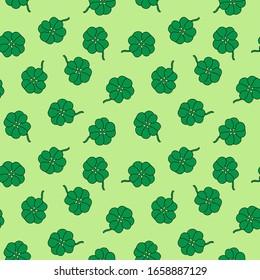 St. Patrick's Day background. Seamless doodle pattern of trefoils. Illustration in flat style. Vector 8 EPS.