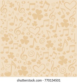 St. Patrick's day background. Seamless pattern wallpaper of musical notes, heart,  leaf clover.  Vector illustration.