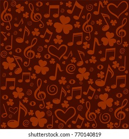 St. Patrick's day background. Seamless pattern wallpaper of musical notes, heart,  leaf clover.  Vector illustration.