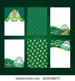 St. Patricks day background set. Collection of backgrounds decorated with leprechaun, green beer, coins, rainbow etc. Can be used for greeting card, invitations, flyers etc. Vector 10 EPS.