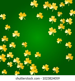 St patricks day background with shamrock. Lucky trefoil confetti. Glitter frame of clover leaves. Template for special business offer, banner, flyer. Greeting st patricks day backdrop.